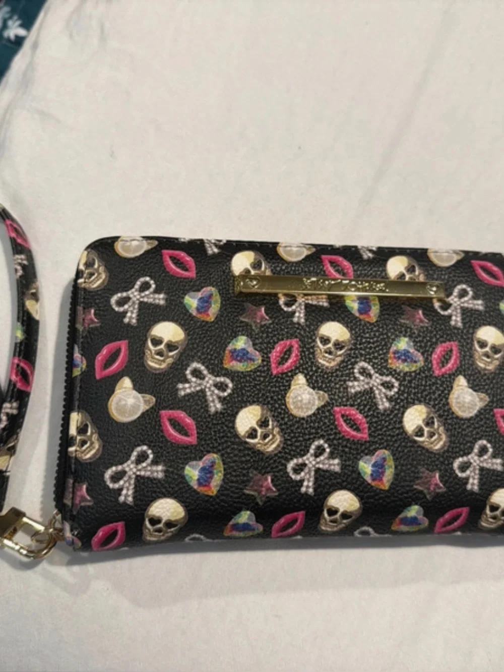 Luv Betsy Black Wristlet Wallet with Colorful Skull & Lip Print